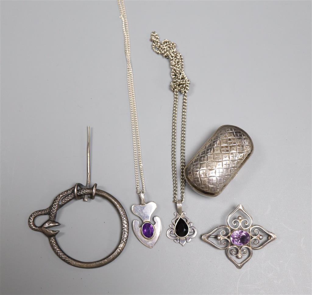 Two modern white metal and gem set pendant necklaces including amethyst, two brooches and a snuff box.